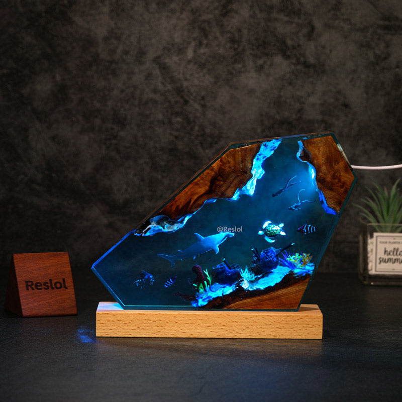 Hammerhead Shark & Shipwreck Resin Lamp Ocean Diorama Deep Sea Art