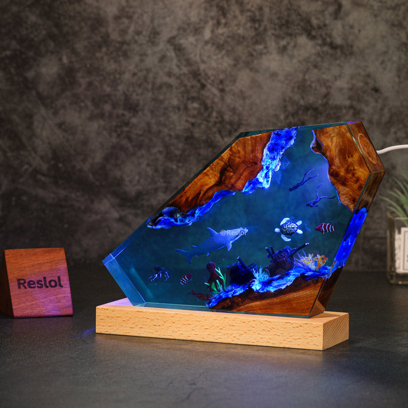 Hammerhead Shark & Shipwreck Resin Lamp Ocean Diorama Deep Sea Art