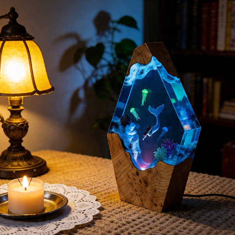 Mermaid & Jellyfish Resin Lamp Handcrafted Ocean Decor Gift for Her