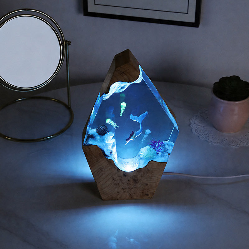 Mermaid & Jellyfish Resin Lamp Handcrafted Ocean Decor Gift for Her