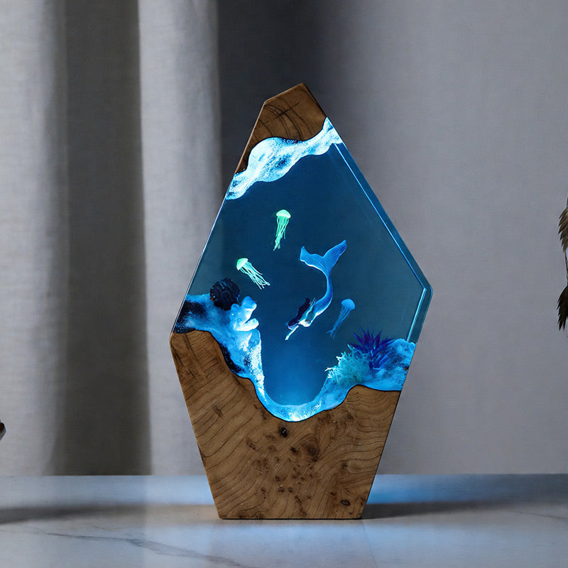 Mermaid & Jellyfish Resin Lamp Handcrafted Ocean Decor Gift for Her