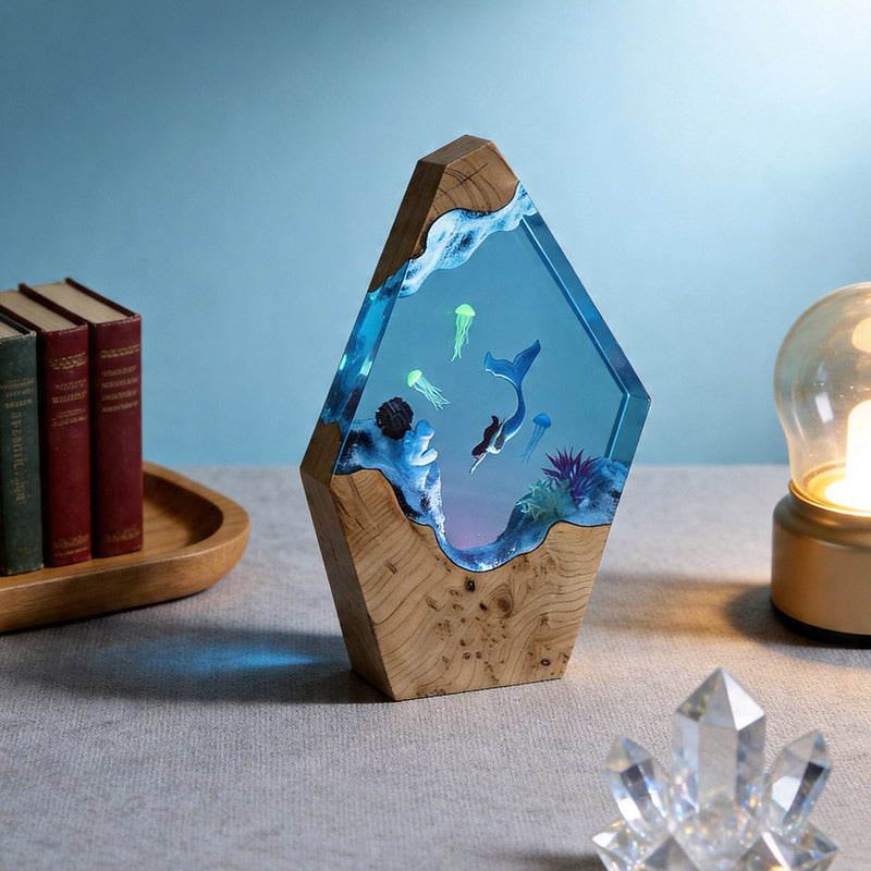 Mermaid & Jellyfish Resin Lamp Handcrafted Ocean Decor Gift for Her