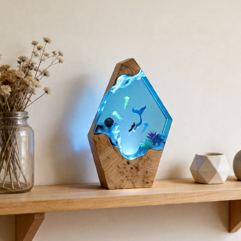 Mermaid & Jellyfish Resin Lamp Handcrafted Ocean Decor Gift for Her