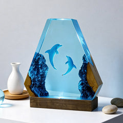 Ocean Dolphin Resin & Wood Lamp Romantic Couples Decor Art