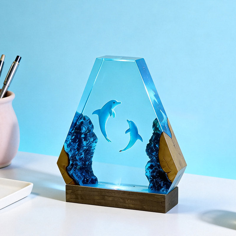 Ocean Dolphin Resin & Wood Lamp Romantic Couples Decor Art