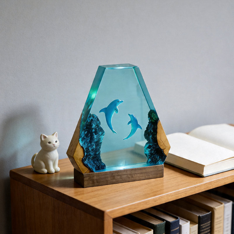 Ocean Dolphin Resin & Wood Lamp Romantic Couples Decor Art