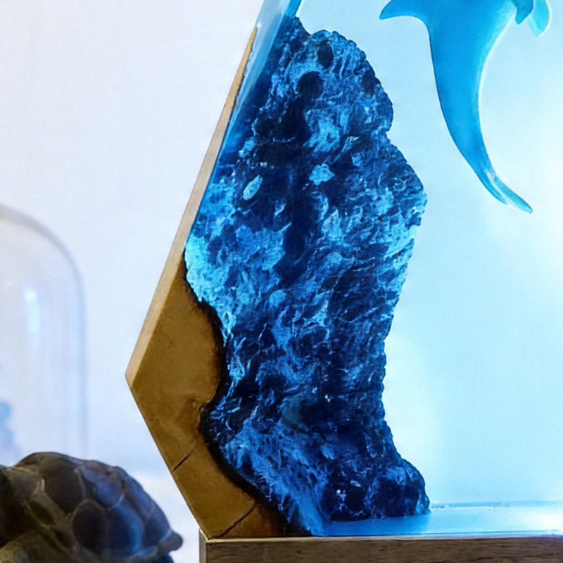 Ocean Dolphin Resin & Wood Lamp Romantic Couples Decor Art
