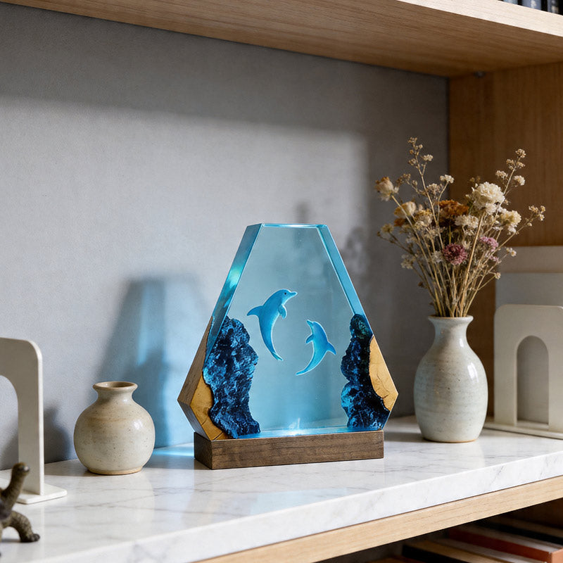 Ocean Dolphin Resin & Wood Lamp Romantic Couples Decor Art