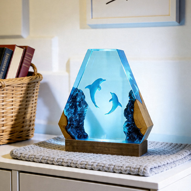 Ocean Dolphin Resin & Wood Lamp Romantic Couples Decor Art