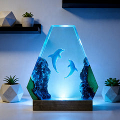 Ocean Dolphin Resin & Wood Lamp Romantic Couples Decor Art
