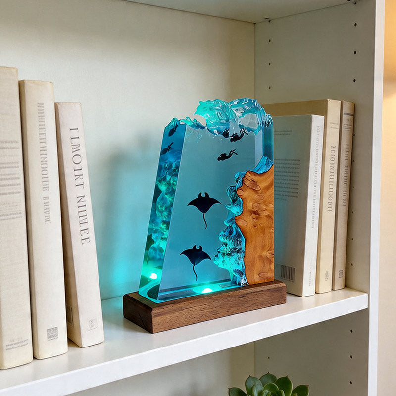 Unique Stingray & Diver Resin Lamp Handmade Table Decor