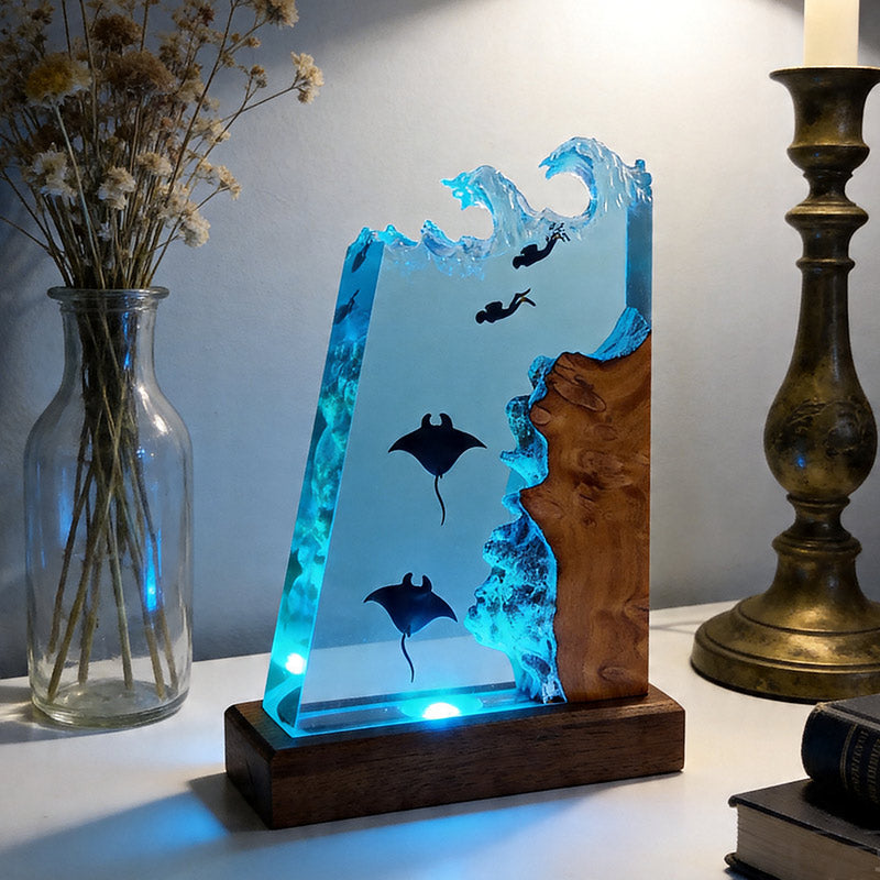 Unique Stingray & Diver Resin Lamp Handmade Table Decor