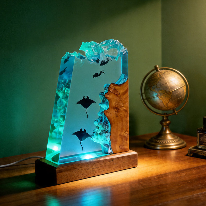 Unique Stingray & Diver Resin Lamp Handmade Table Decor