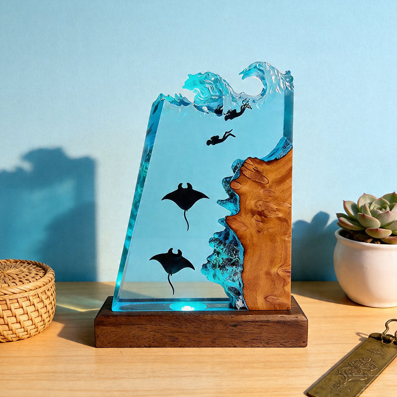 Unique Stingray & Diver Resin Lamp Handmade Table Decor