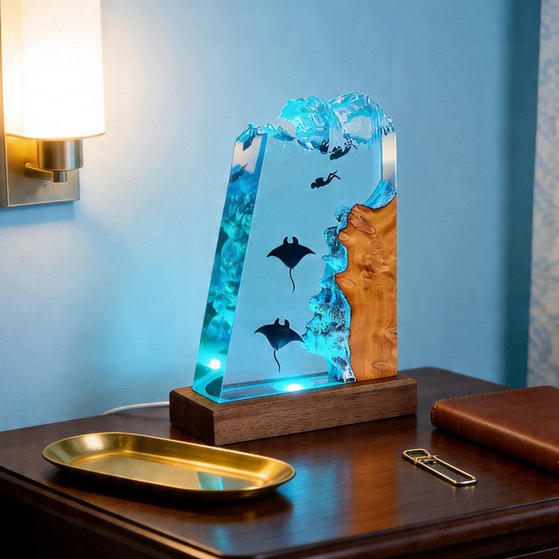 Unique Stingray & Diver Resin Lamp Handmade Table Decor
