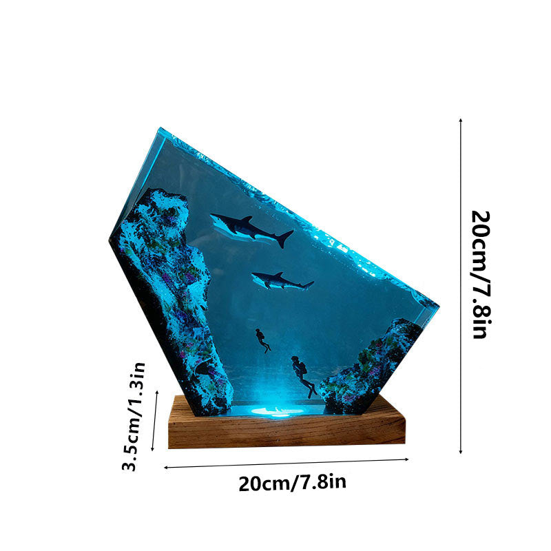 Shark & Diver Ocean Resin Lamp Handmade Underwater Night Light for Kids' Room