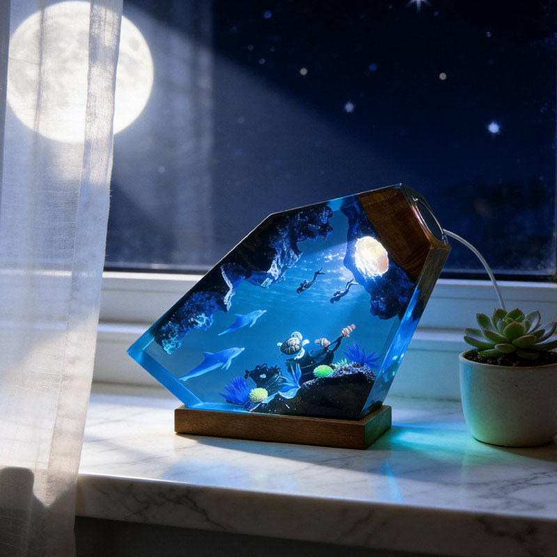 Dolphin & Turtle Resin Wood Lamp Artisan Desktop Decor for Ocean Lover