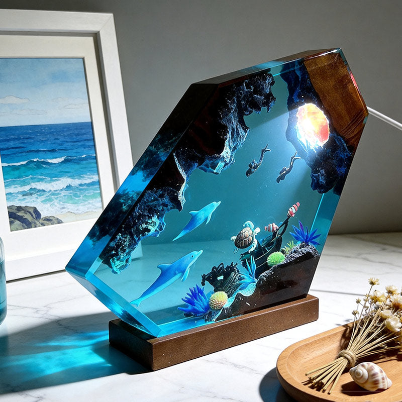 Dolphin & Turtle Resin Wood Lamp Artisan Desktop Decor for Ocean Lover