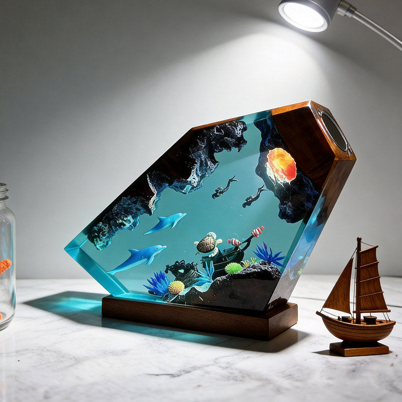 Dolphin & Turtle Resin Wood Lamp Artisan Desktop Decor for Ocean Lover