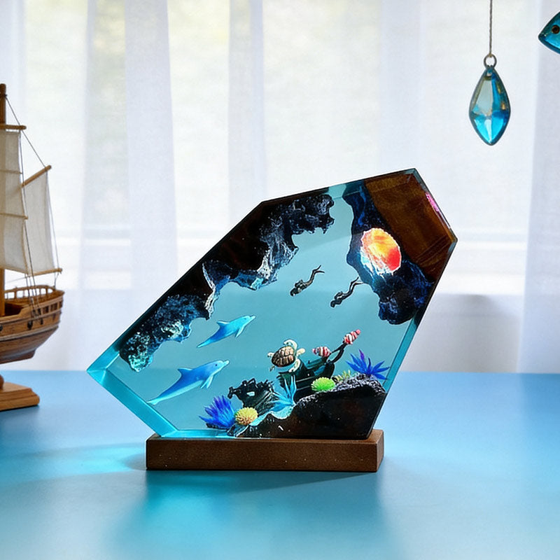 Dolphin & Turtle Resin Wood Lamp Artisan Desktop Decor for Ocean Lover