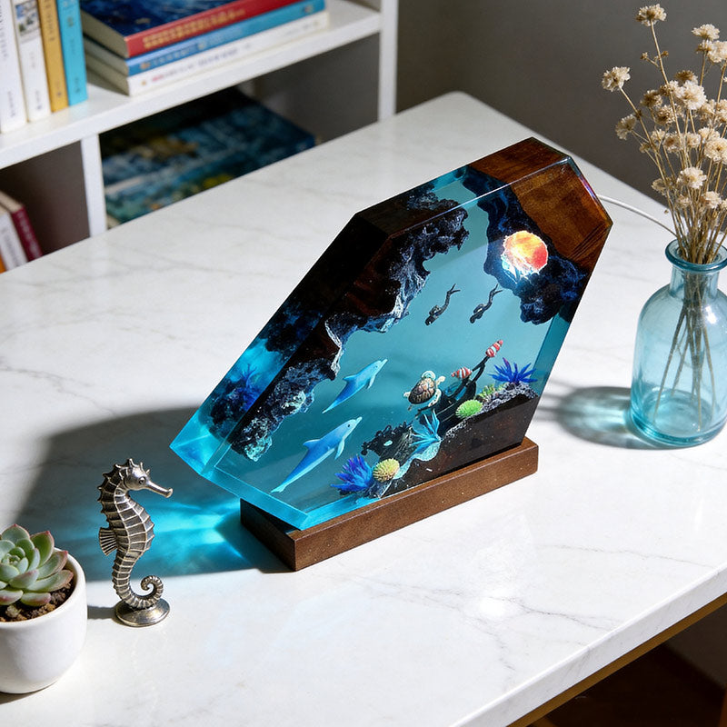 Dolphin & Turtle Resin Wood Lamp Artisan Desktop Decor for Ocean Lover