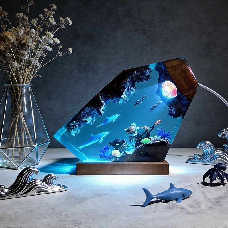 Dolphin & Turtle Resin Wood Lamp Artisan Desktop Decor for Ocean Lover