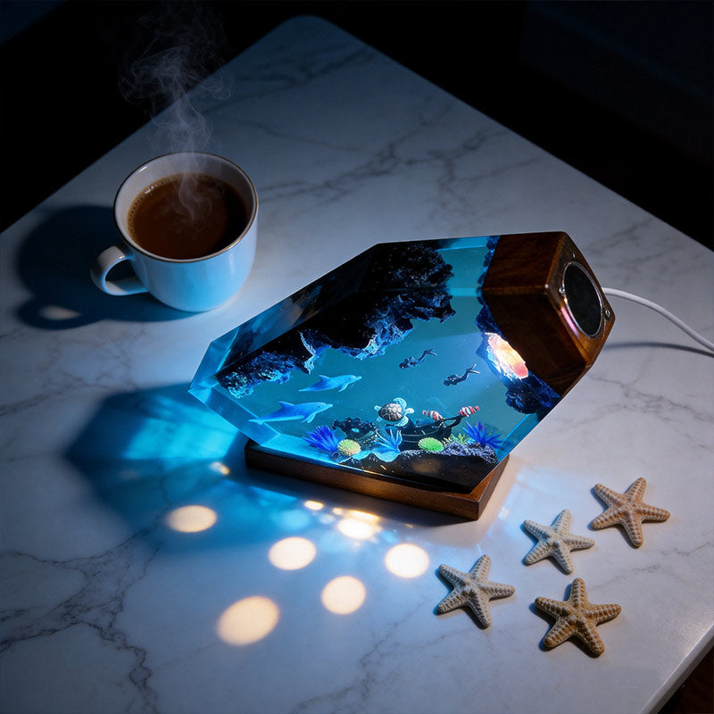 Dolphin & Turtle Resin Wood Lamp Artisan Desktop Decor for Ocean Lover