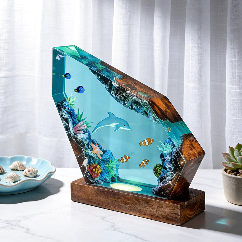 Dolphin & Blue Tang Resin Lamp Handmade Desktop Art Decor Gift