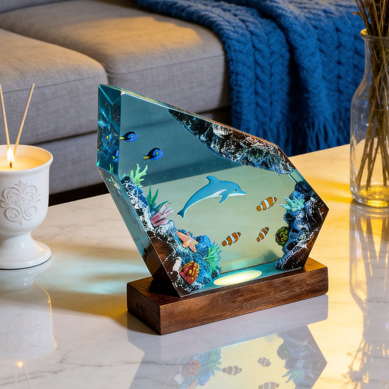 Dolphin & Blue Tang Resin Lamp Handmade Desktop Art Decor Gift