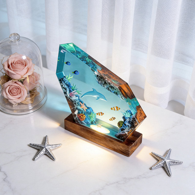Dolphin & Blue Tang Resin Lamp Handmade Desktop Art Decor Gift
