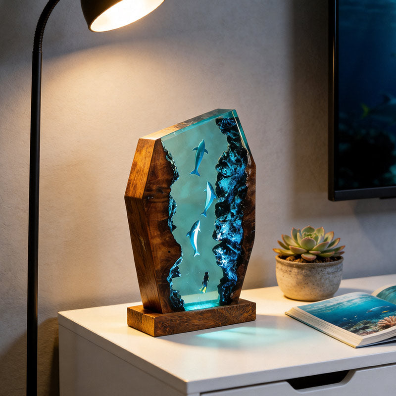Dolphin & Diver Nautical Resin Lamp Handcrafted Tabletop Decor for Him