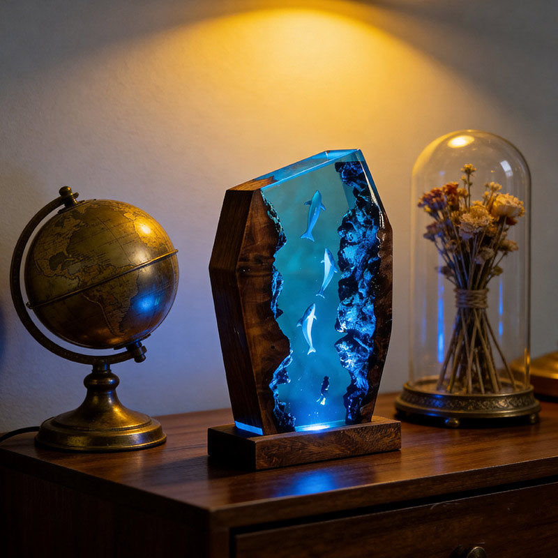 Dolphin & Diver Nautical Resin Lamp Handcrafted Tabletop Decor for Him