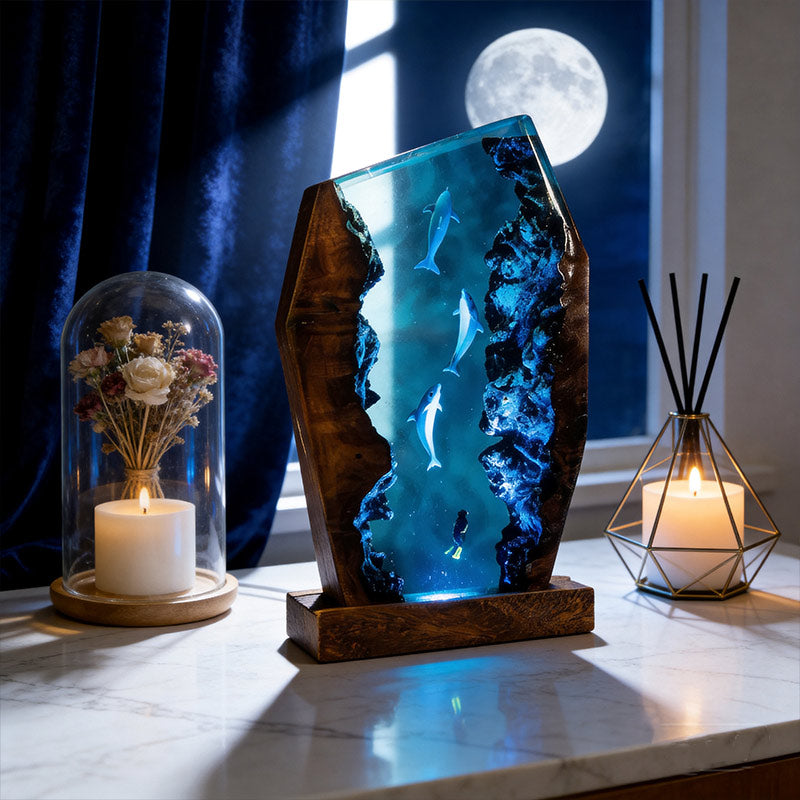 Dolphin & Diver Nautical Resin Lamp Handcrafted Tabletop Decor for Him