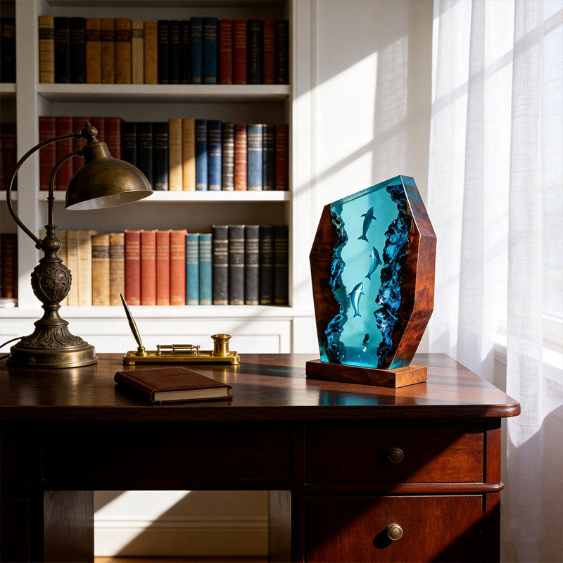 Dolphin & Diver Nautical Resin Lamp Handcrafted Tabletop Decor for Him