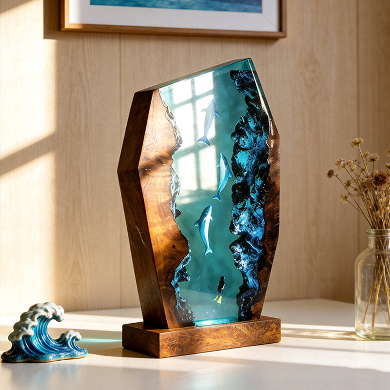 Dolphin & Diver Nautical Resin Lamp Handcrafted Tabletop Decor for Him