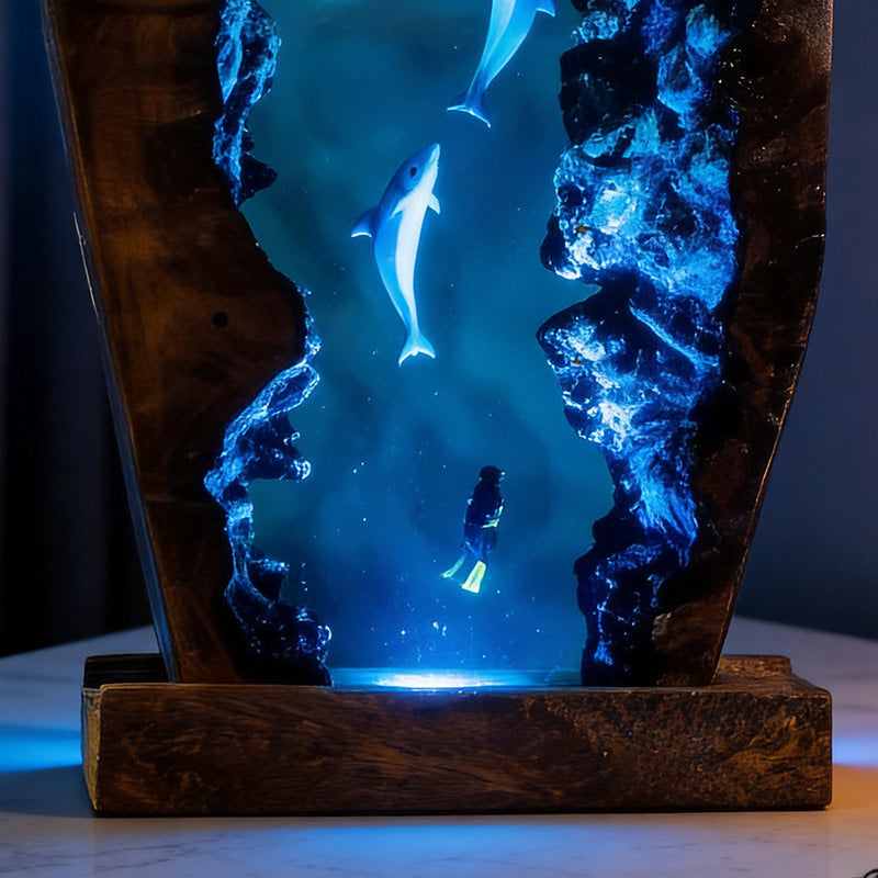 Dolphin & Diver Nautical Resin Lamp Handcrafted Tabletop Decor for Him