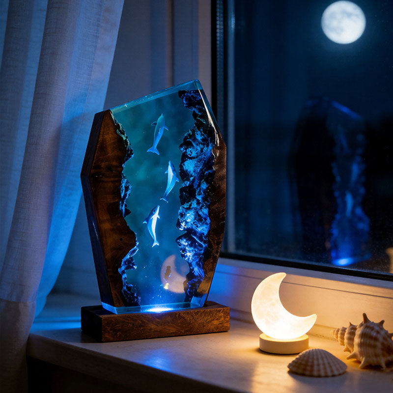Dolphin & Diver Nautical Resin Lamp Handcrafted Tabletop Decor for Him