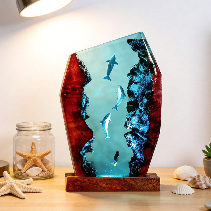 Dolphin & Diver Nautical Resin Lamp Handcrafted Tabletop Decor for Him