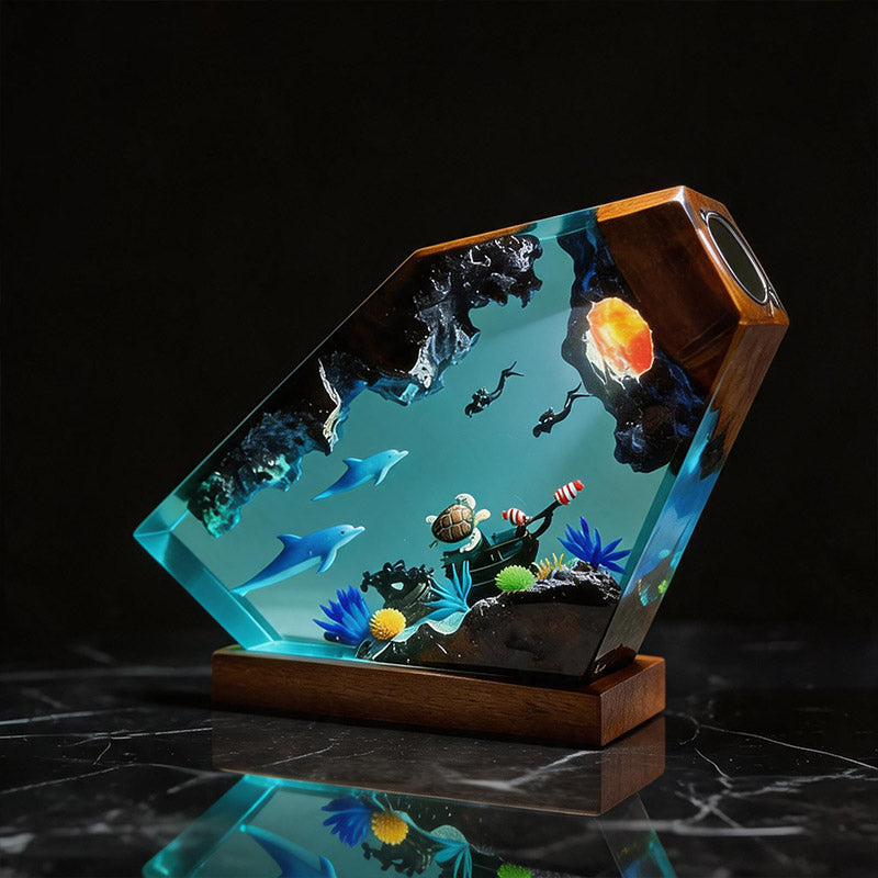 Dolphin & Turtle Resin Wood Lamp Artisan Desktop Decor for Ocean Lover