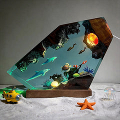 Dolphin & Turtle Resin Wood Lamp Artisan Desktop Decor for Ocean Lover