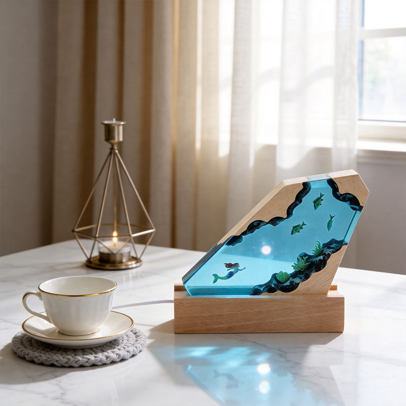 Mermaid & Coral Resin Wood Lamp Ocean Theme Art Decor Gift