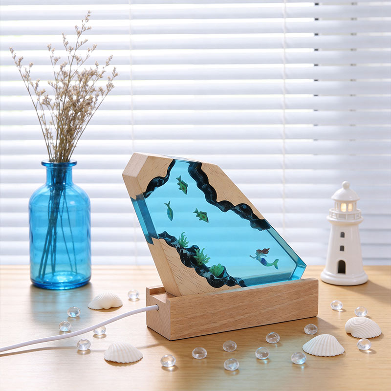 Mermaid & Coral Resin Wood Lamp Ocean Theme Art Decor Gift