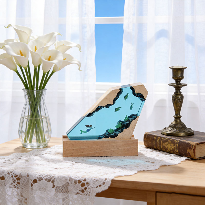 Mermaid & Coral Resin Wood Lamp Ocean Theme Art Decor Gift