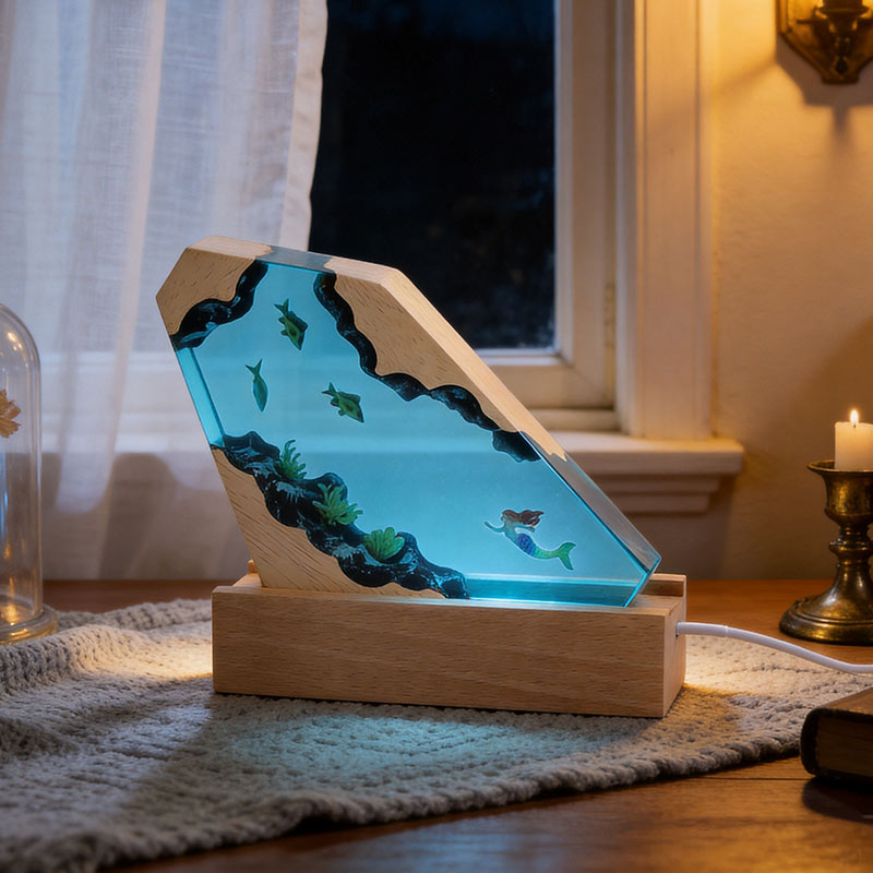 Mermaid & Coral Resin Wood Lamp Ocean Theme Art Decor Gift