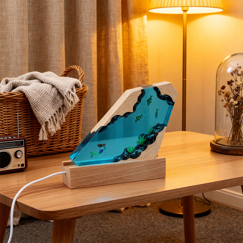 Mermaid & Coral Resin Wood Lamp Ocean Theme Art Decor Gift