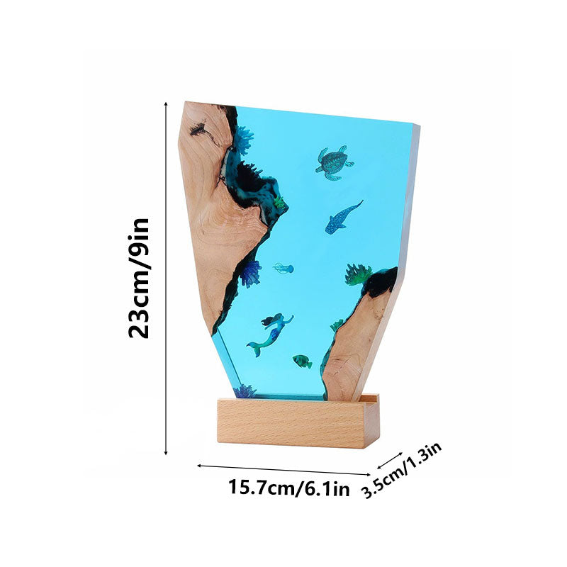 Mermaid & Whale Shark Resin Wood Lamp Nautical Artisan-Made Decor Gift