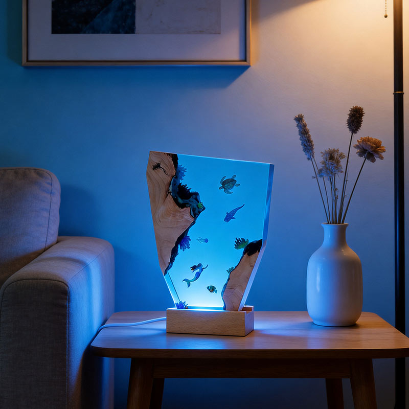 Mermaid & Whale Shark Resin Wood Lamp Nautical Artisan-Made Decor Gift