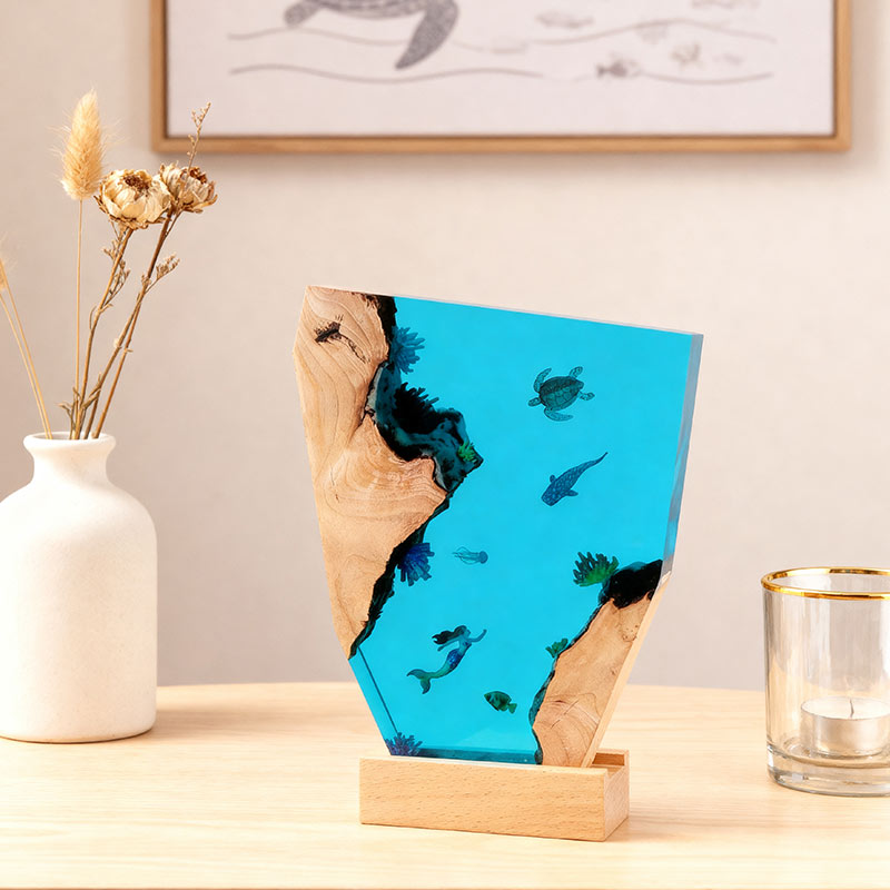 Mermaid & Whale Shark Resin Wood Lamp Nautical Artisan-Made Decor Gift
