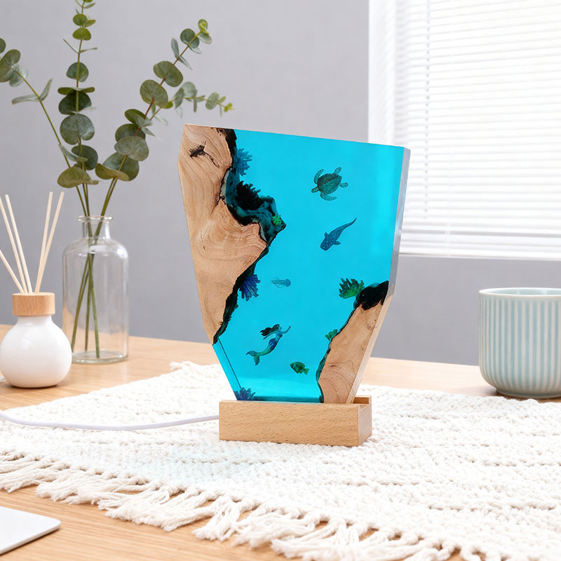 Mermaid & Whale Shark Resin Wood Lamp Nautical Artisan-Made Decor Gift