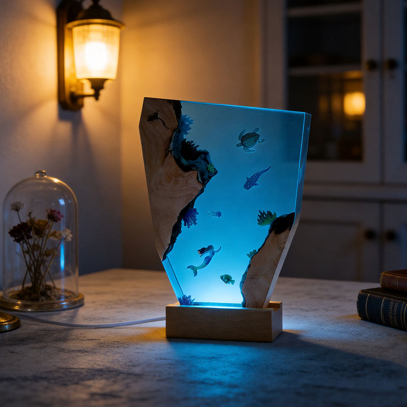 Mermaid & Whale Shark Resin Wood Lamp Nautical Artisan-Made Decor Gift